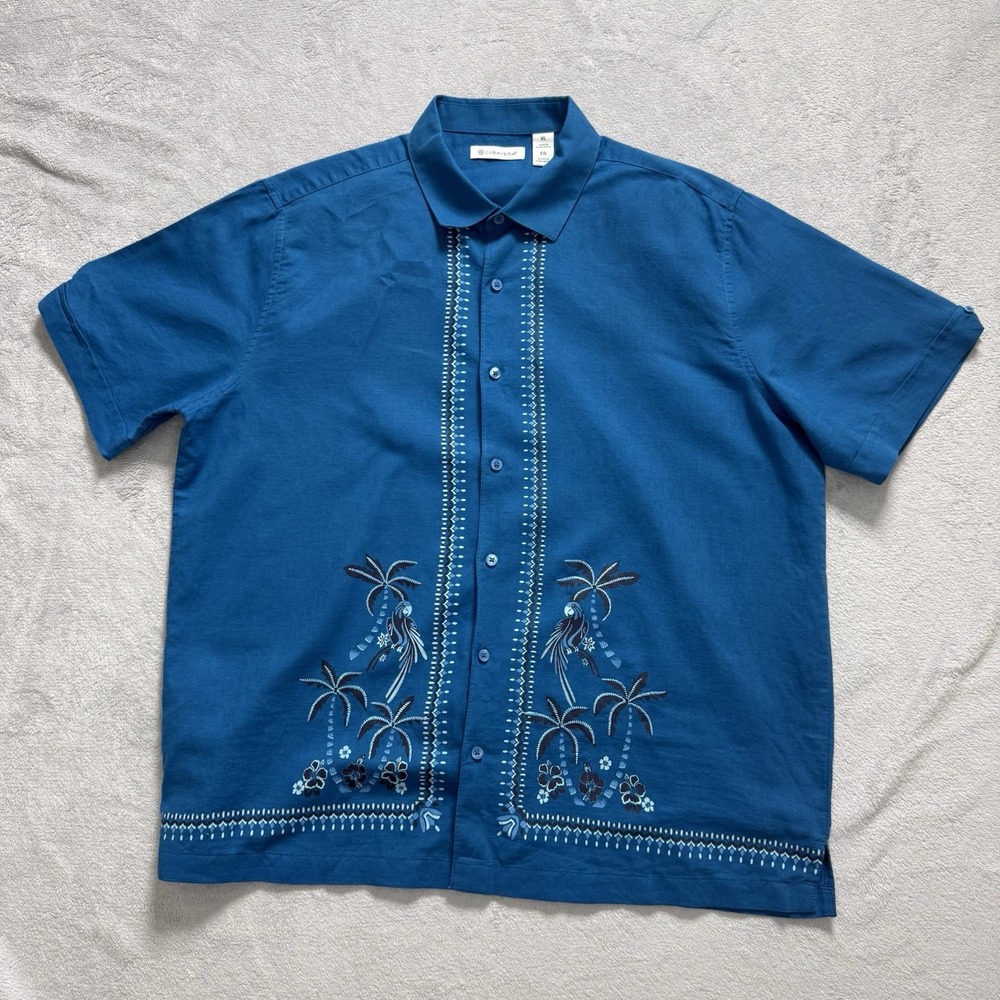 Cubavera Mens XL Blue Linen Cotton Shirt Embroidered Short Sleeve Button Up
